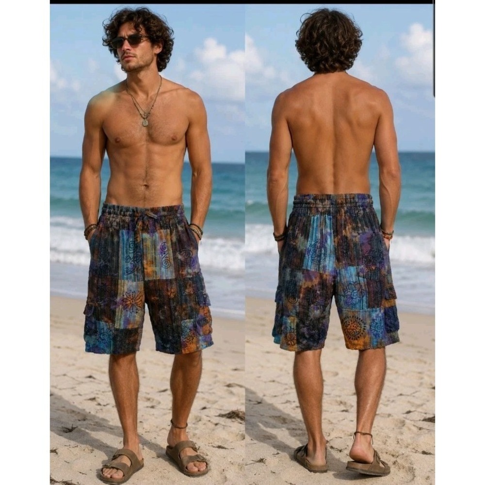 Shop Therapy Patchwork Tie-Dye Boho Hippie Cotton Cargo Shorts Size M Beach Y2K